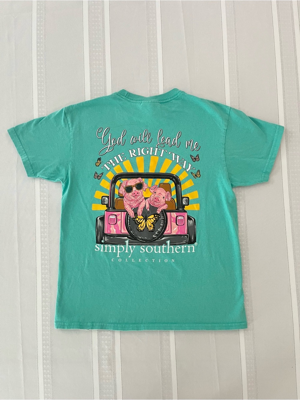 Simply Southern Teal Tee with Pink Pig Jeep & Yellow Sunburst
